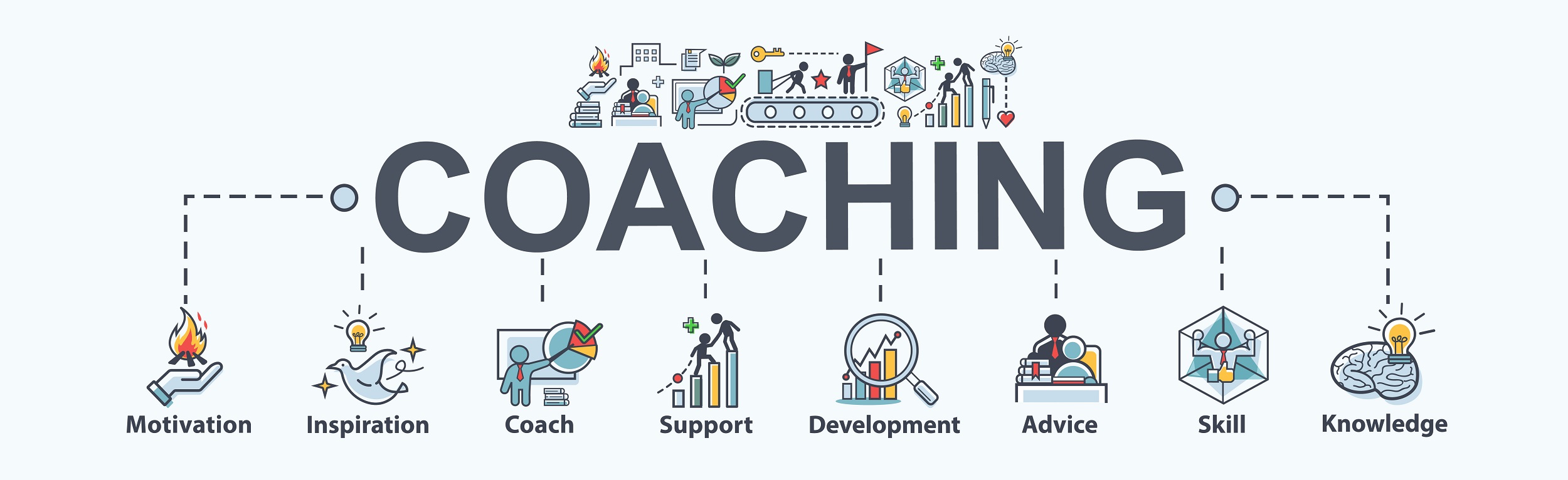 Coaching banner web icon for training and success, motivation, inspiration, teaching, coach, learning, knowledge, support and advice. Minimal vector infographic.